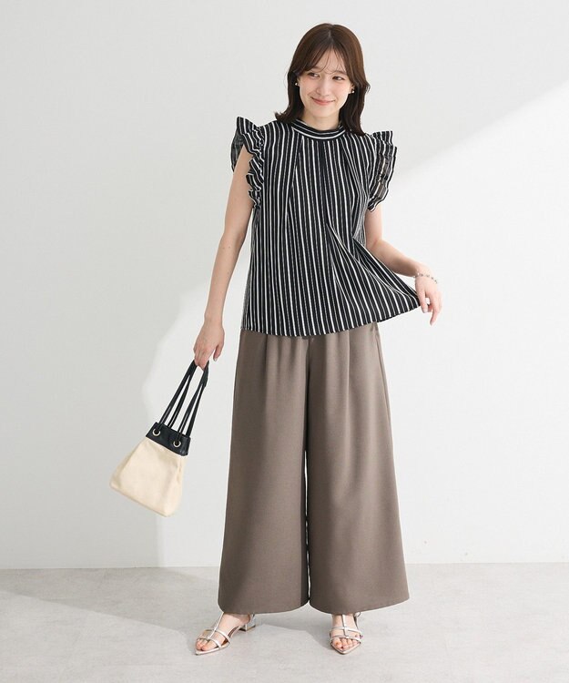 Green Parks 麻調ウエストギャザーフレアワイドパンツ Brown