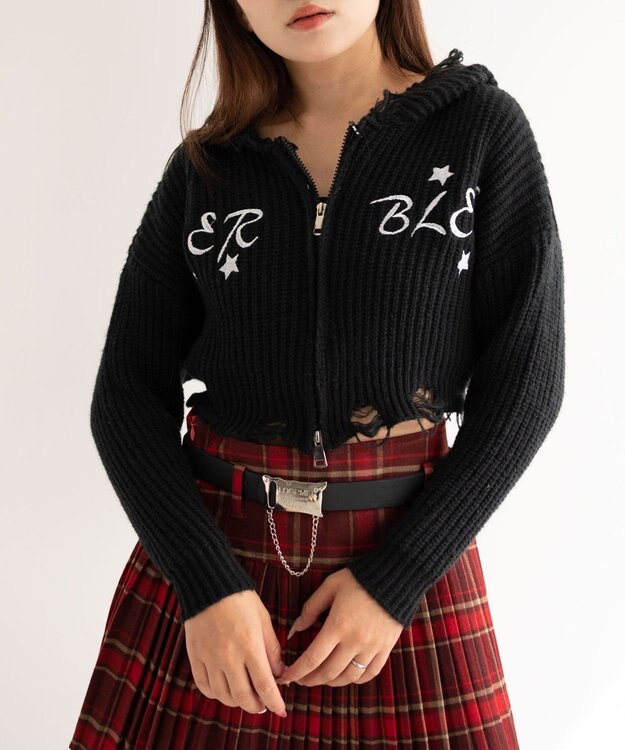 WEGO 刺繍ダメージニットWZIPパーカー ブラック