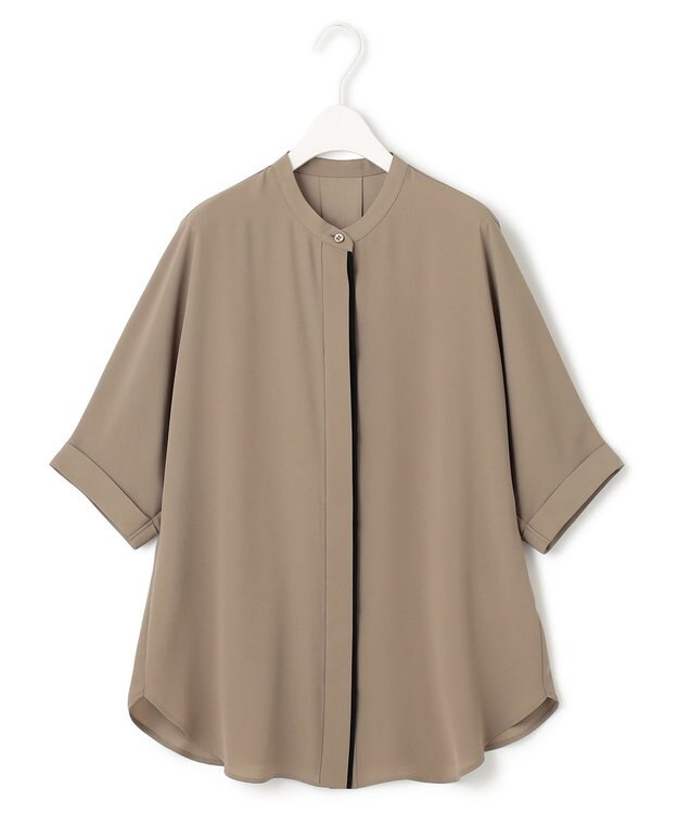 ICB 【接触冷感・UVケア・速乾】BackSatinAmunzen 5分袖バンドカラーブラウス ライトモカ系