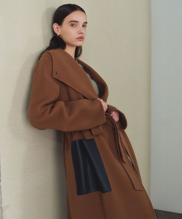 BEIGE， LEMOORE / ウールリバーフェイクレザーポケット付きコート Caramel