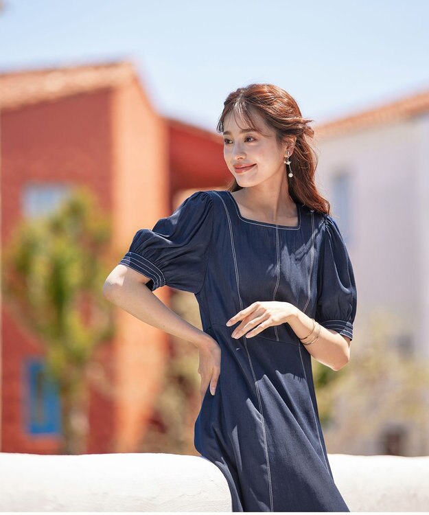 Tiaclasse 【洗える】パフスリーブ配色ステッチワンピース ネイビー