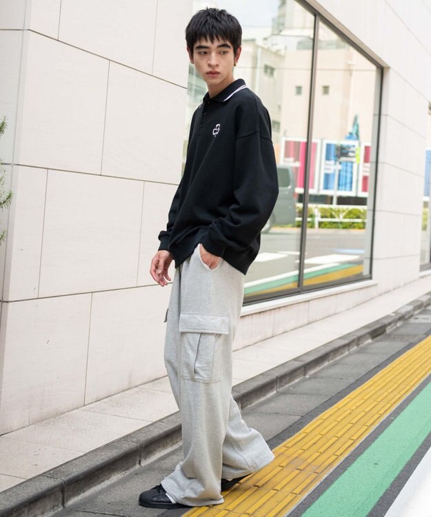 WEGO 【ユニセックス着用ITEM/ウエストゴム/MLサイズ展開】ワイドスウェットカーゴパンツ 杢グレー