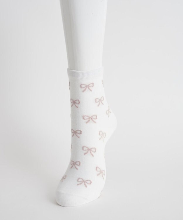 WEGO 総柄リボンクルーソックス ホワイト