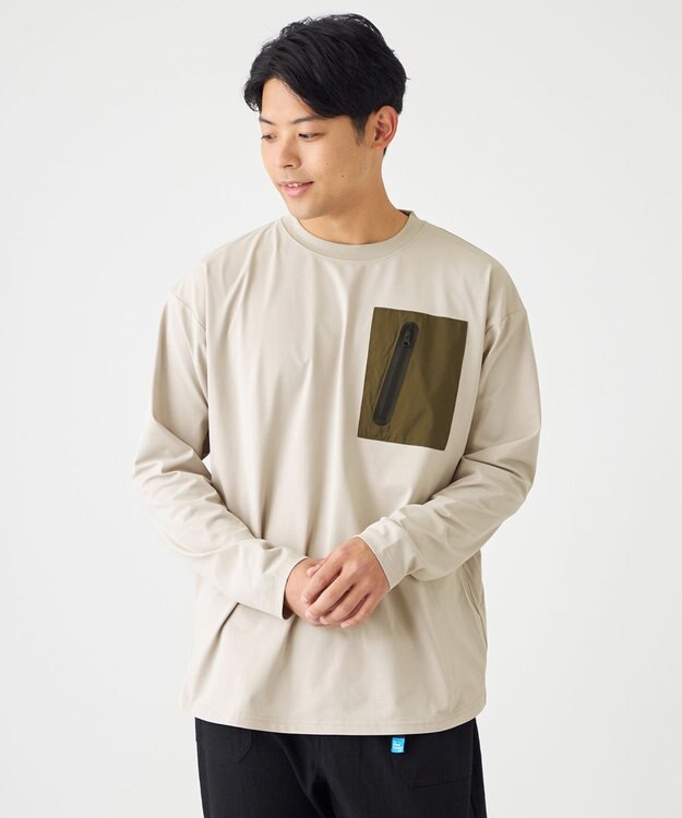 SHARE PARK MENS 【UVカット・吸水速乾・ストレッチ・軽量 】ＺＩＰポケットＴシャツ（L・XLサイズ） ベージュ系