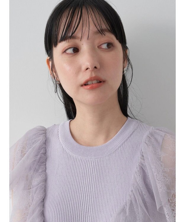 earth music&ecology 袖レースリブニットプルオーバー Lavender