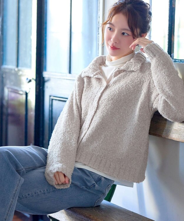 Tiaclasse 【着丈が選べる】ハイネックブークレカーディガン ショート丈グレージュ