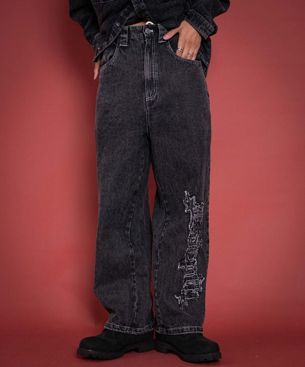 WEGO 【ユニセックス着用YD/ウエスト調整可/MLサイズ展開】グラフィックデニムパンツ デニムブラックソノタ