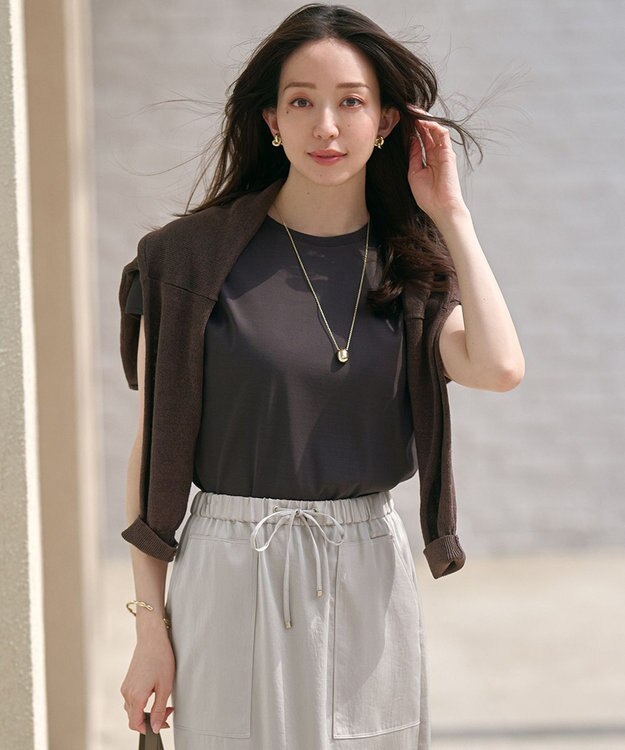 23区 S 【汗じみ防止/速乾性】フレンチスリーブ  IT Tシャツ ダークブラウン系