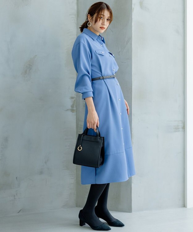 組曲 【サッシュベルト付き】パールボタンシャツワンピース ブルー系