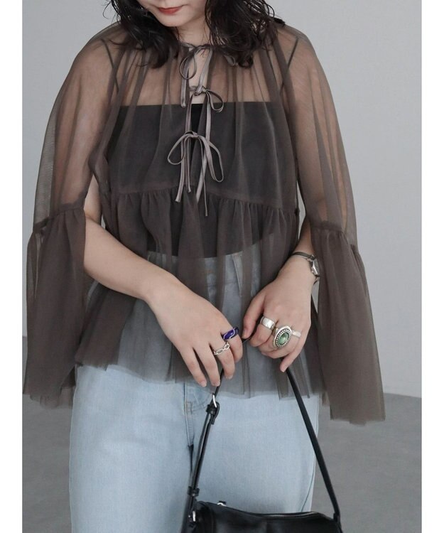 Green Parks リボンチュールデザインブラウス Khaki