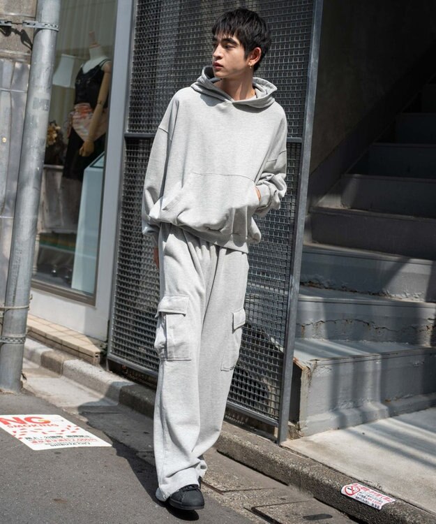 WEGO 【ユニセックス着用ITEM/ウエストゴム/MLサイズ展開】ワイドスウェットカーゴパンツ 杢グレー