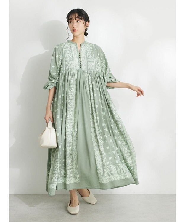 CRAFT STANDARD BOUTIQUE パネル柄ウエスト切り替えボリュームワンピース Light Green