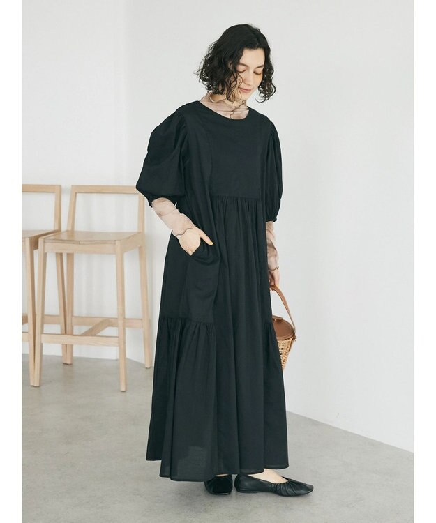 CRAFT STANDARD BOUTIQUE インド綿パフスリーブギャザーワンピース Black