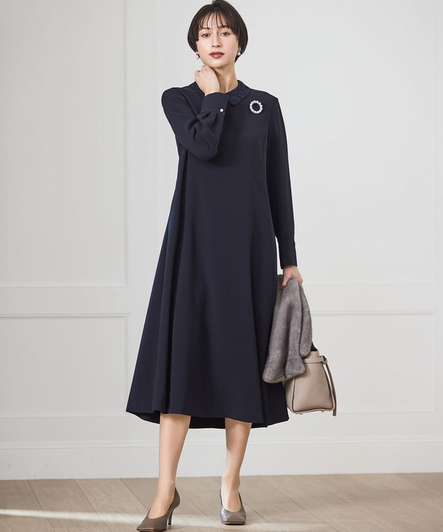 23区 【セットアップ対応/洗える】トリアセダブルジョーゼット 襟付き ワンピース ネイビー系