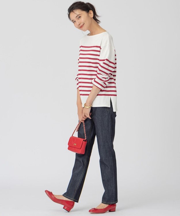 23区 L 【洗える】BUGIS シングルジャージー ボーダー カットソー オフホワイト×レッドボーダー