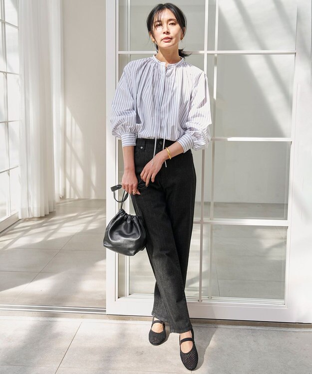 UNFILO ギャザーブラウス モノトーンストライプ