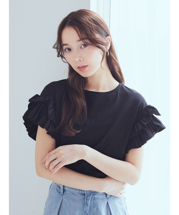 earth music&ecology フリルスリーブカットソー Black