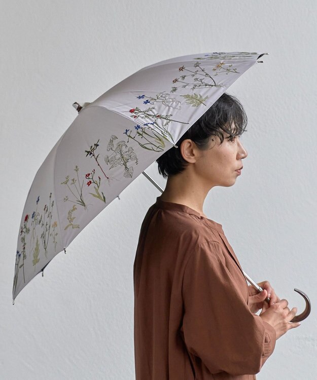 AND WOOL 〈一級遮光生地・晴雨兼用〉ボタニカル刺繍の日傘 （長傘タイプ） グレー