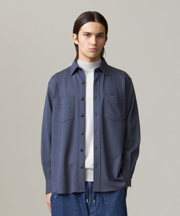 J.PRESS MEN ウールコットン ダブルカバーツイルシャツ ネイビー系