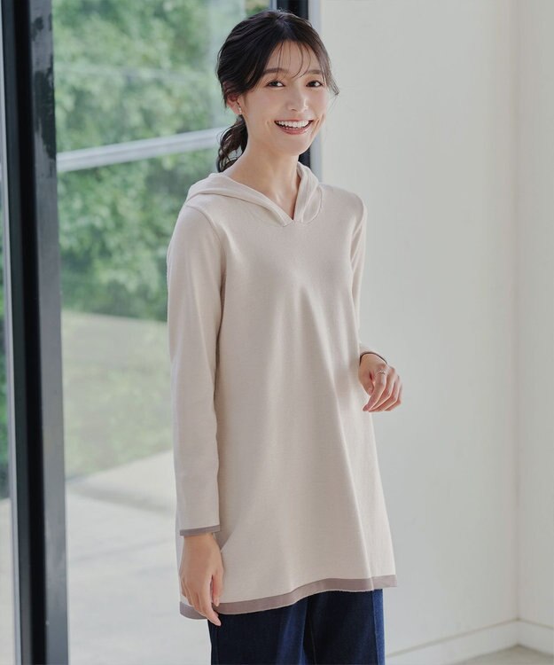 Tiaclasse 【洗える】配色フーディーニットチュニック ベージュ×モカ