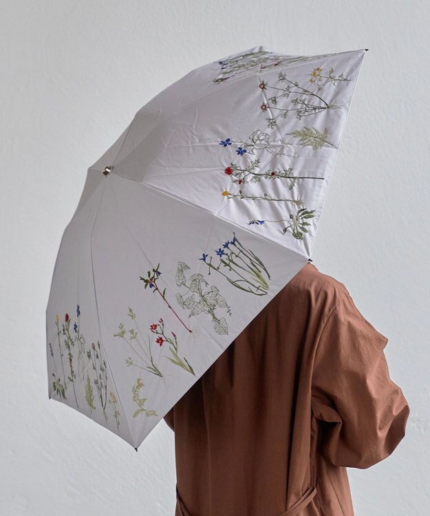 AND WOOL 〈一級遮光生地・晴雨兼用〉ボタニカル刺繍の日傘 （長傘タイプ） グレー