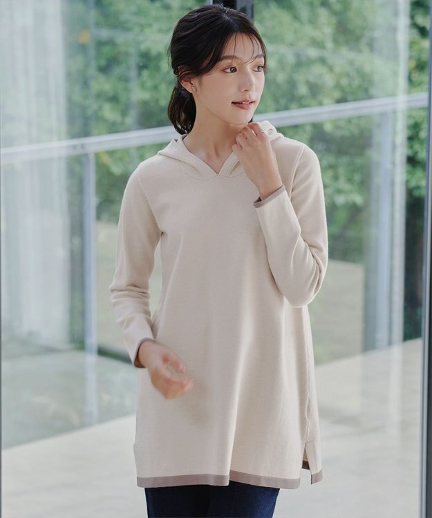 Tiaclasse 【洗える】配色フーディーニットチュニック ベージュ×モカ