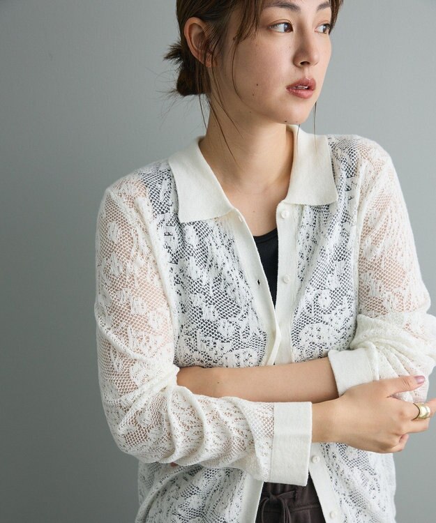CRAFT STANDARD BOUTIQUE レース編みポロカーディガン White