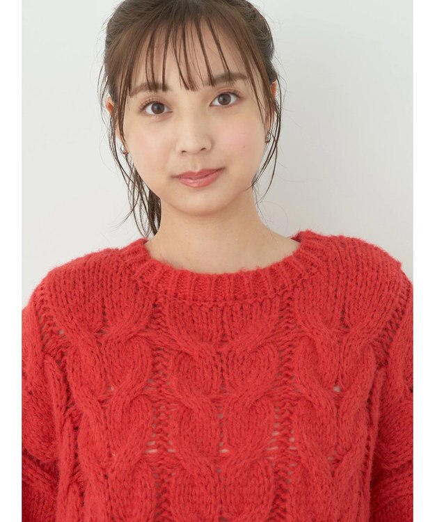 earth music&ecology ローゲージ手編み風ケーブルプルオーバー Red