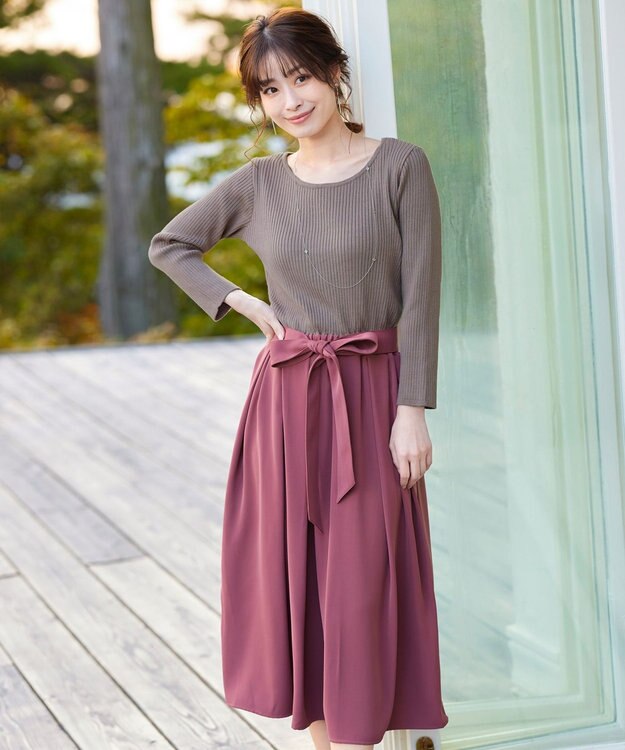 Tiaclasse 【洗える】異素材を組み合わせたミモレ丈リブコンビワンピース モカ×ピンク