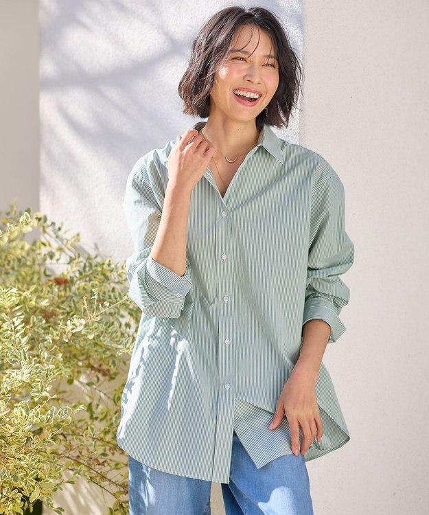 ANY 【洗濯機可能/接触冷感/UVケア】カラーストライプシャツ グリーン