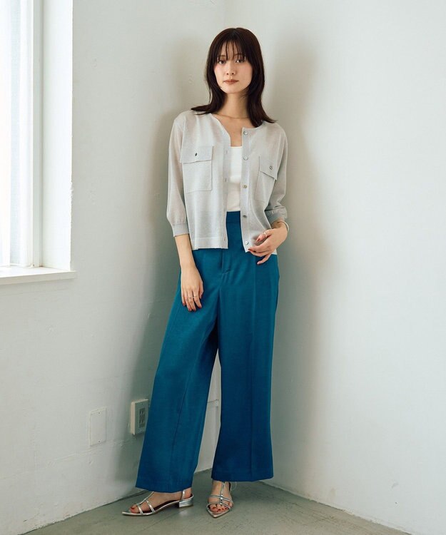 YECCA VECCA ノーカラー7分袖ポケットカーディガン Light Gray