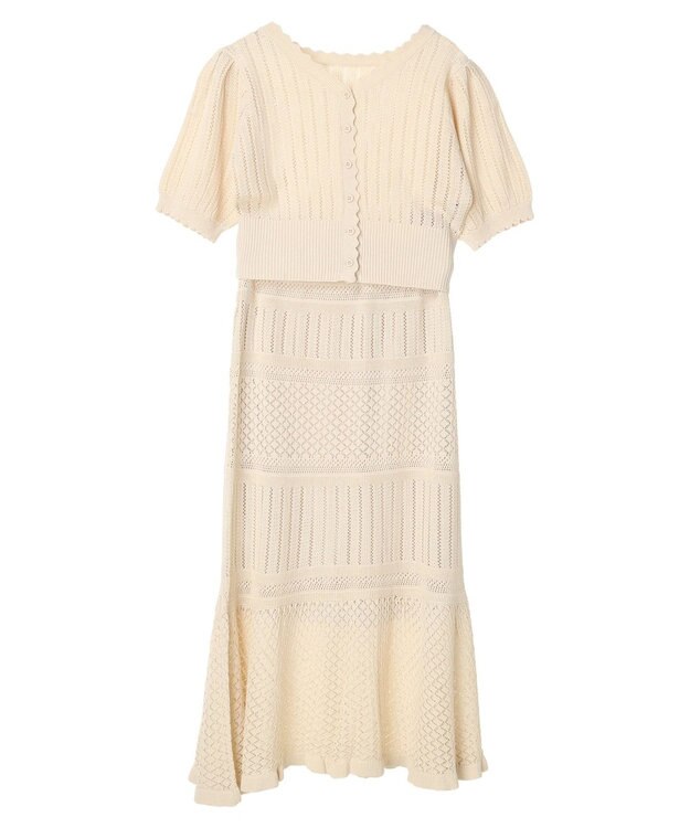 earth music&ecology ２点ＳＥＴ透かし編みカーディガン＋裾フレアスカート Ivory