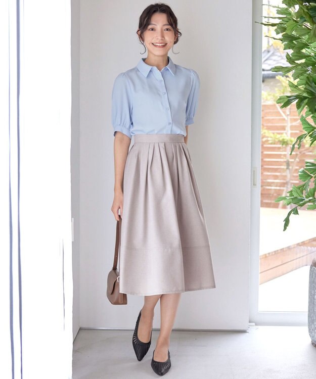 Tiaclasse 【選べる丈】麻調タックフレアスカート 膝丈グレージュ