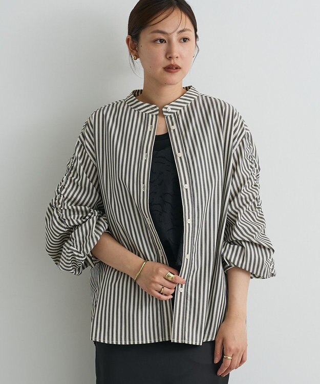 CRAFT STANDARD BOUTIQUE 袖シャーリングバンドカラーシャツ Stripe Gray
