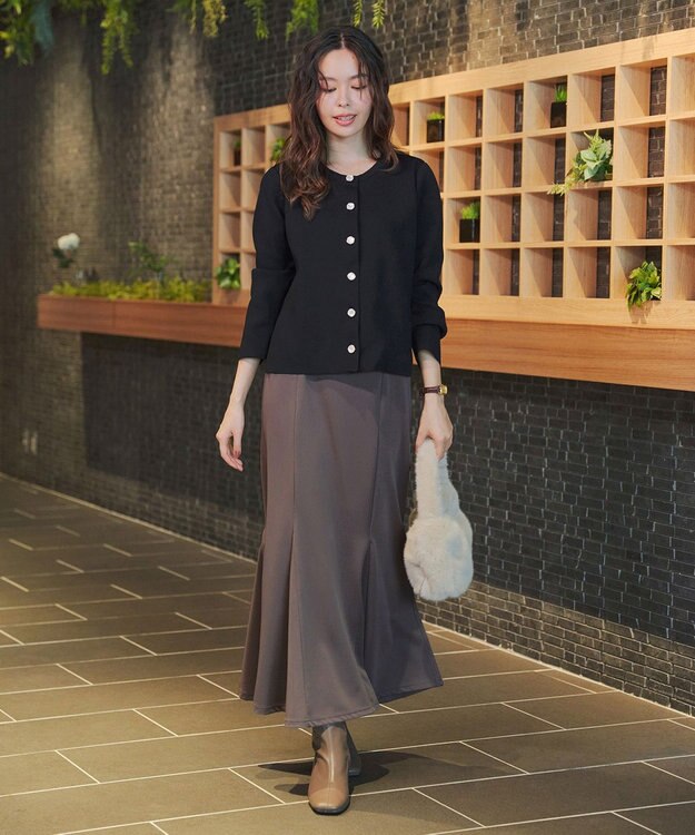 Tiaclasse L 【洗える】スポンジニットパールボタンカーディガン ブラック