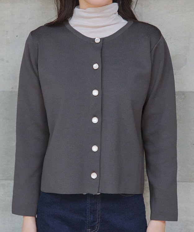 Tiaclasse L 【洗える】スポンジニットパールボタンカーディガン チャコールグレー