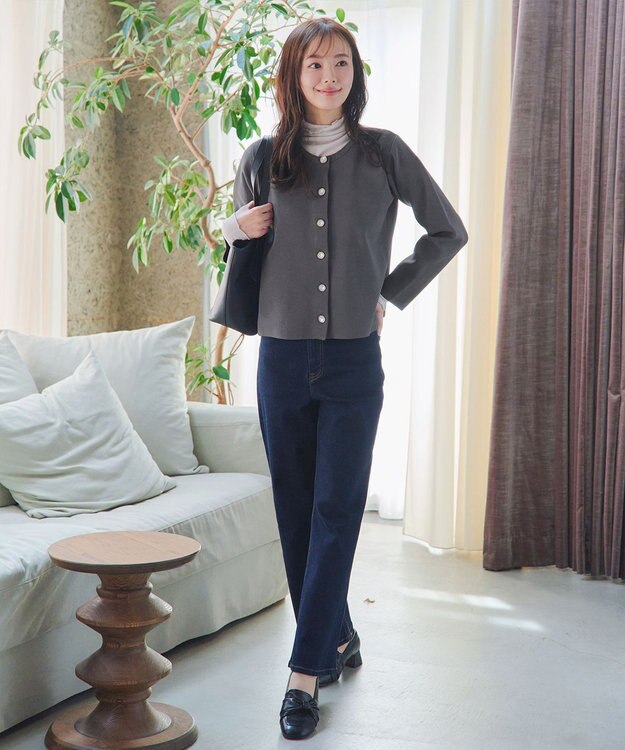 Tiaclasse L 【洗える】スポンジニットパールボタンカーディガン チャコールグレー