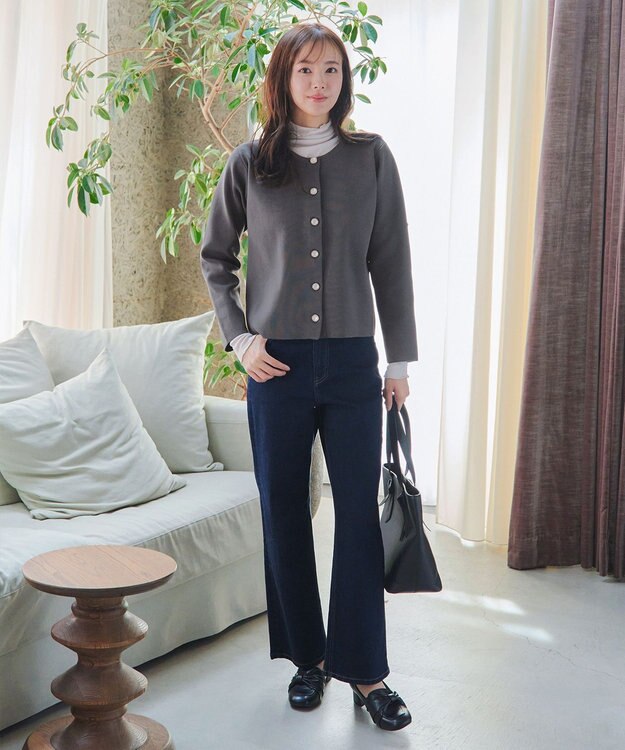 Tiaclasse L 【洗える】スポンジニットパールボタンカーディガン チャコールグレー