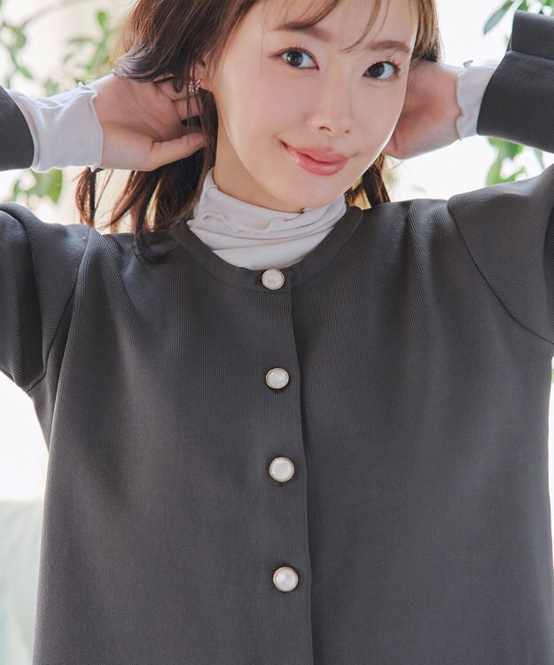 Tiaclasse L 【洗える】スポンジニットパールボタンカーディガン チャコールグレー