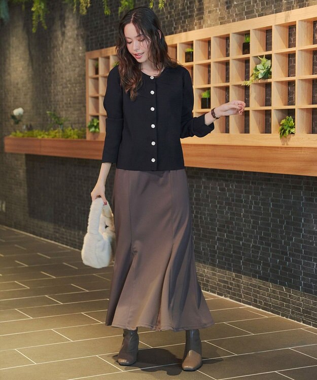 Tiaclasse L 【洗える】スポンジニットパールボタンカーディガン ブラック