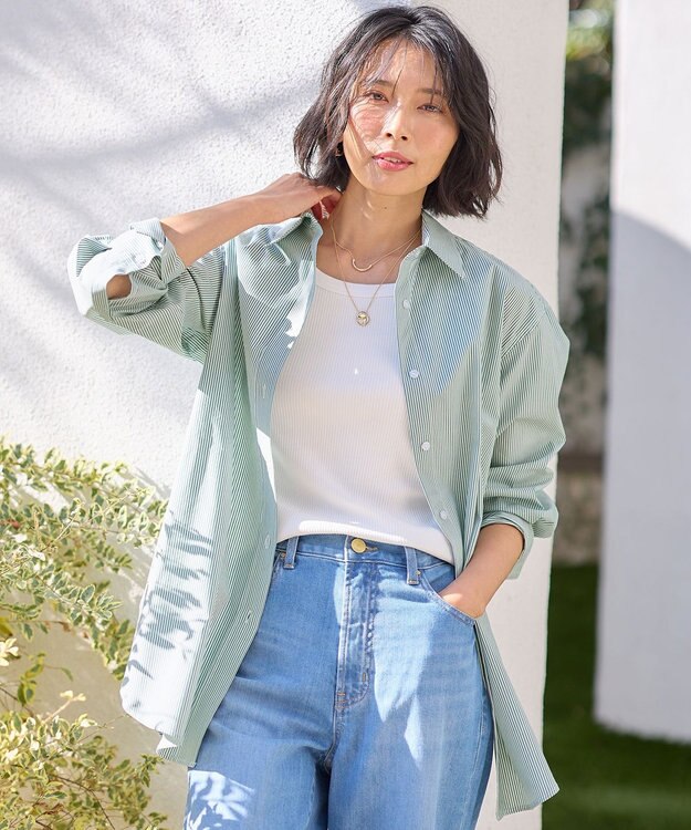 ANY 【洗濯機可能/接触冷感/UVケア】カラーストライプシャツ グリーン