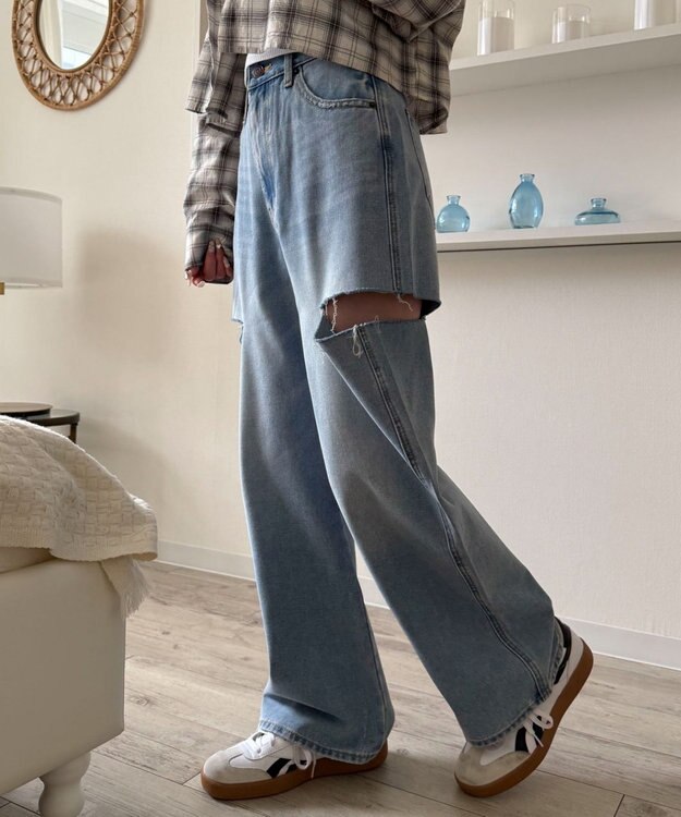 WEGO 【SMサイズ展開】サイドカットデニムストレートパンツ デニム淡色