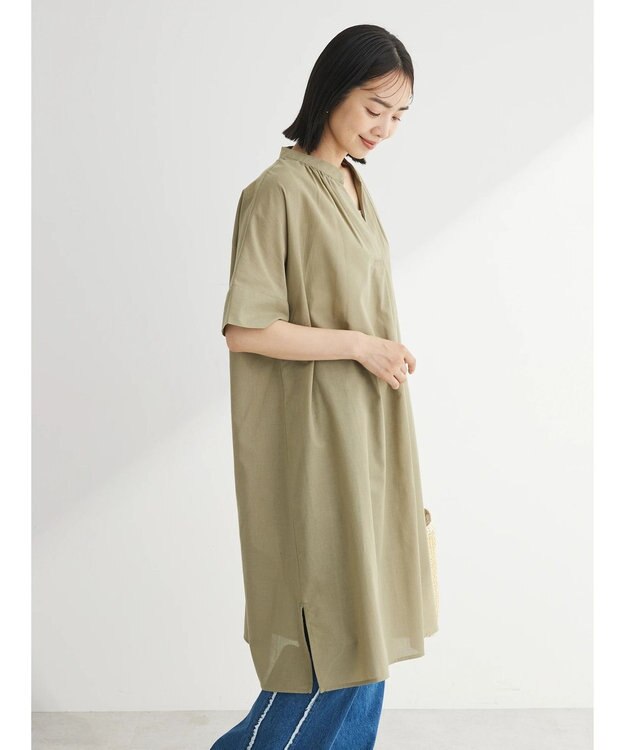 Green Parks 綿麻混スキッパーミニワンピース Khaki