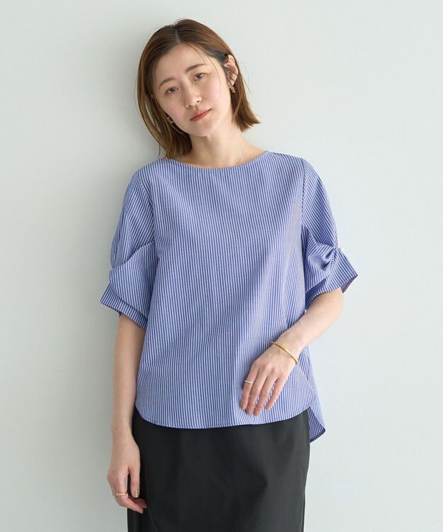 YECCA VECCA パールタックスリーブブラウス Stripe
