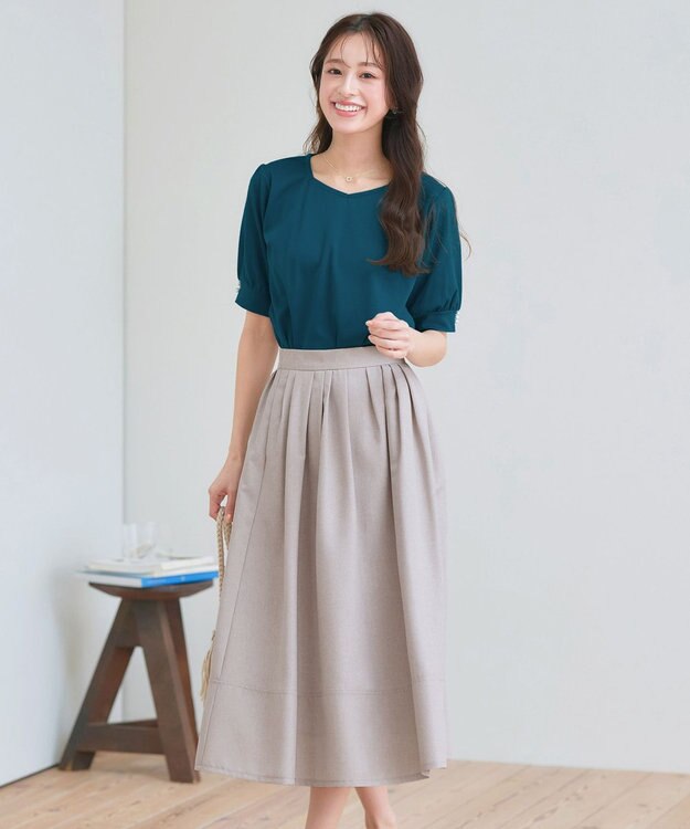 Tiaclasse 【選べる丈】麻調タックフレアスカート ミモレ丈グレージュ