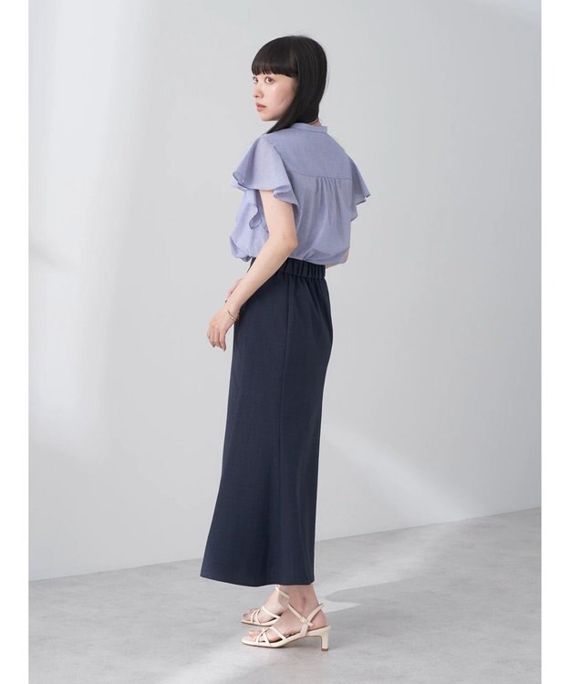 earth music&ecology ギャザーフレンチスリーブブラウス Stripe Navy