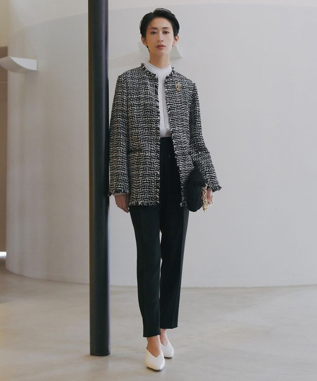 ICB ライトツイード ノーカラージャケット オフホワイト×ブラック系