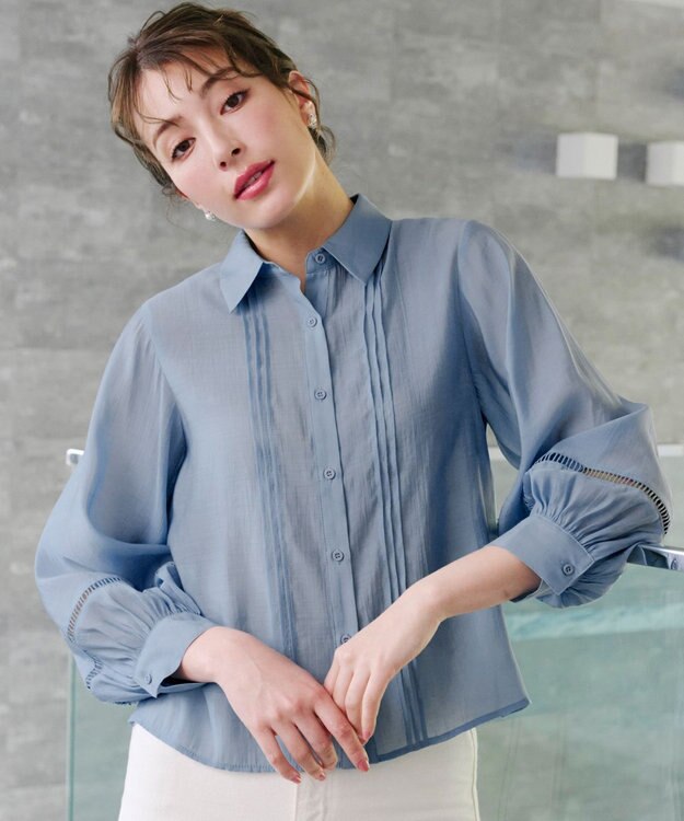 Tiaclasse 【洗える】はしごレースパフ袖シャツ サックス