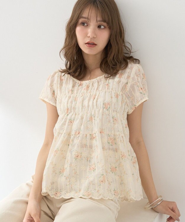 earth music&ecology フラワープリント刺繍ブラウス Pink Orange