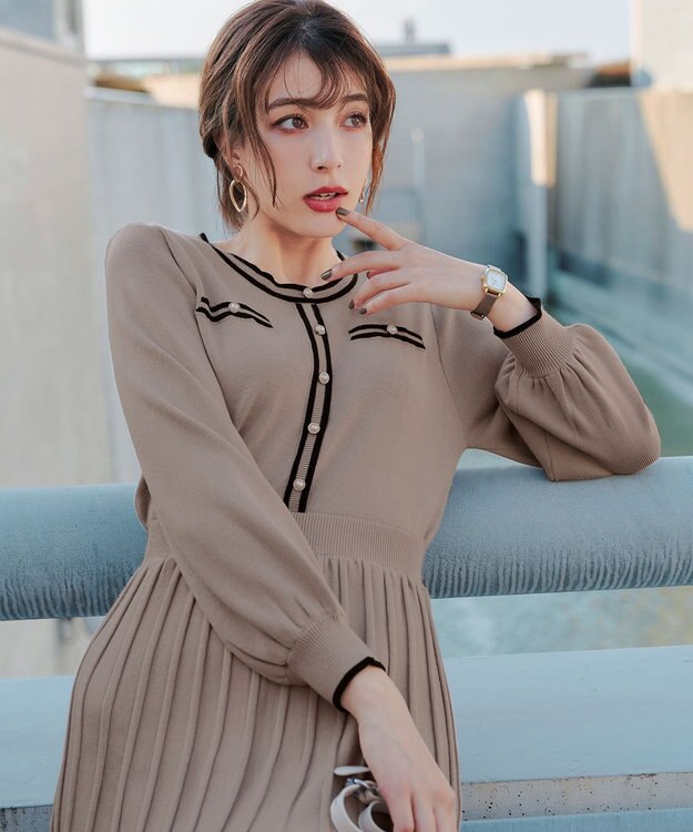 Tiaclasse 【洗える】セットアップ見え配色ニットワンピース グレージュ